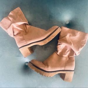 Boutique tan faux suede mid calf slouchy boots